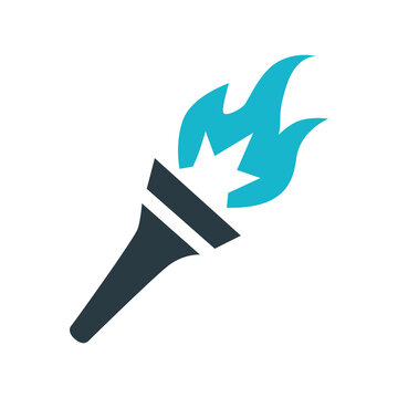 Flat Torch Icon with Blue Flame and Dark Handle Vector Illustration Isolated on White Background for Sports or Knowledge Symbol