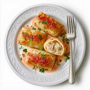 Traditional Stuffed Cabbage Rolls Golubtsi on White Plate Top View Isolated on White
