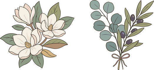 Beautiful vintage style floral bouquets vector elements set, with magnolia blossoms and olive branches © Akramul