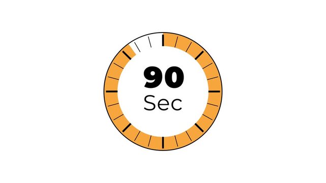 90 second countdown timer stopwatch icon animation. Analog clock timer 90 sec countdown icon with circle loop animation on white background and alpha channel motion graphic.