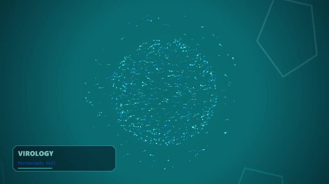 Virology microscopic cell structure animation showing a glowing sphere of particles on a teal green surface