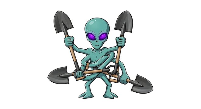 Funny multi armed alien shoveling snow cartoon illustration
