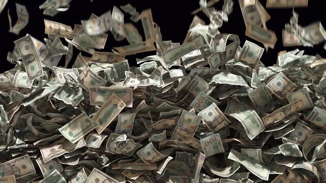 US dollar bills gradually fill the frame and form a large pile of money. After a short pause, the pile pours downward as if a hidden trapdoor opens beneath it. Financial transition, wealth concept, mo