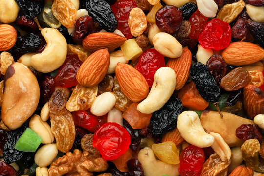Nut and dried fruit mix background. Top view