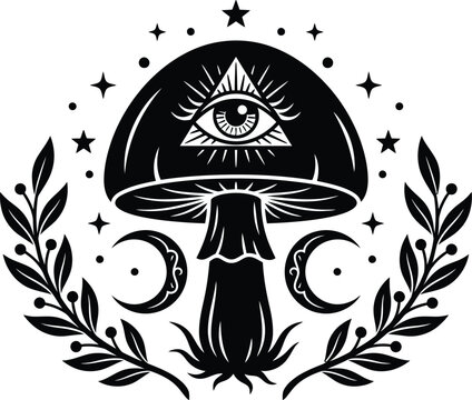 Mystical Magic Mushroom with All Seeing Eye Triangle and Crescent Moon Vector