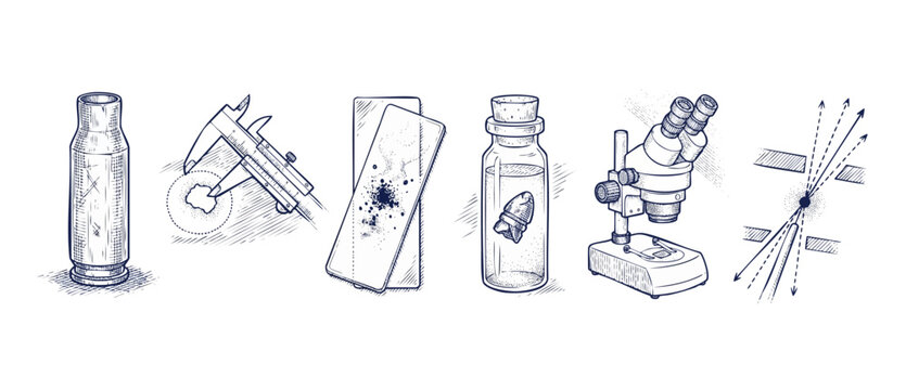 Forensic science ballistics investigation icons set in vintage sketch style featuring microscope, bullet casing, caliper measuring evidence, and laboratory research tools on white background.