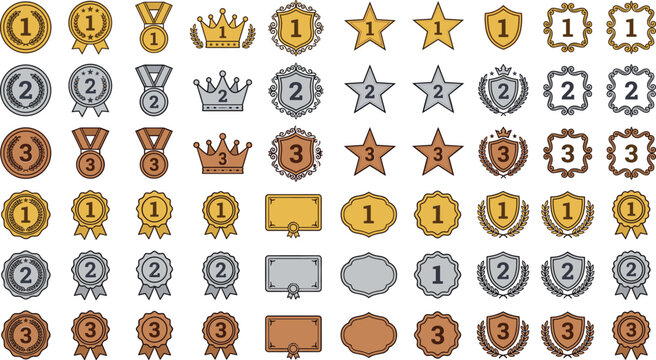 Gold silver bronze ranking medals and badges vector set, with first second third place shieldsGold silver bronze ranking medals and badges vector set, with first second third place shields