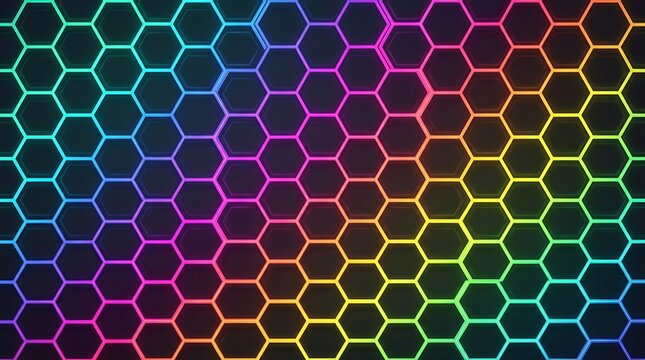 Abstract background with glowing rainbow hexagon grid pattern on dark surface for technology and digital art design
