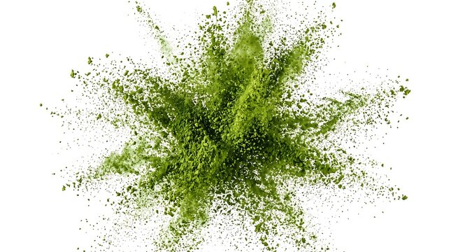Dynamic Explosion of Green Matcha Powder Isolated on White Background - Matcha powder exploding in midair, creating an energetic abstract composition perfect for advertising and product promotion.