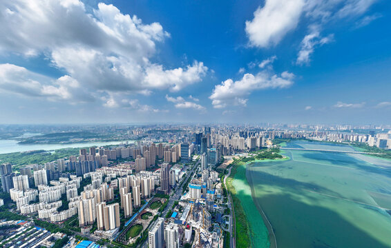 Wuhan City Aerial View with Puffy Clouds and Blue Skies