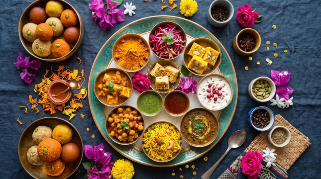 Vector Illustration of Indian Diwali Thali: Festive Food Feast, Sweets, and Spices