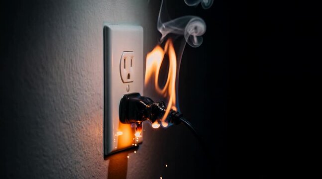 An electrical outlet with a burning plug and smoke. The scene highlights a potential fire hazard in a home environment.