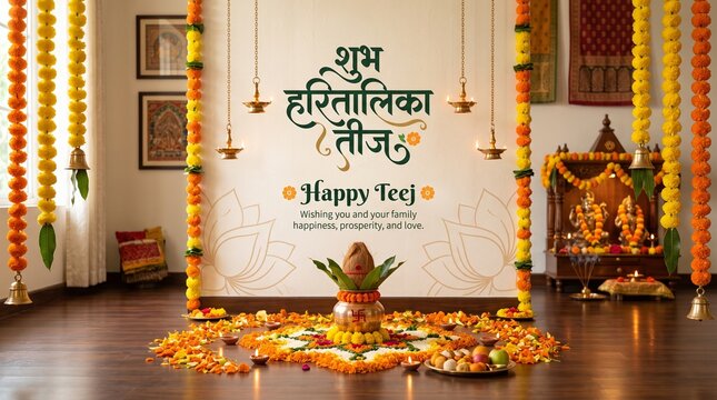 Happy Hartalika Teej Vector Greeting Card Design with Kalash, Rangoli, Marigold Flowers Decoration, and Hindi Calligraphy Template for Banner and Poster