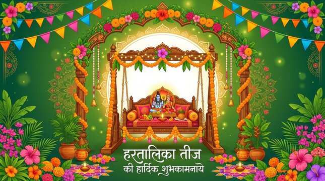 Hartalika Teej Festival Vector Background with Lord Shiva and Goddess Parvati on Jhula Swing, Hindu Festival Wishes Template with Floral Decoration, Marigold Garlands, and Traditional Rangoli