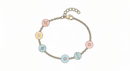 Fototapeta premium Gold chain jewelry accessory featuring pastel colorful circular charms isolated on white background design