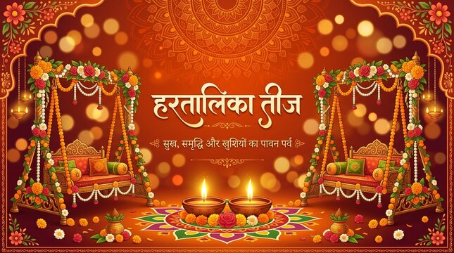 Happy Teej Festival Vector Background with Traditional Indian Mandala Floral Patterns and Hanging Lanterns