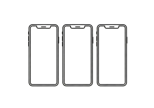 Three iphone outlines in a minimalist design lineup isolated on transparent background