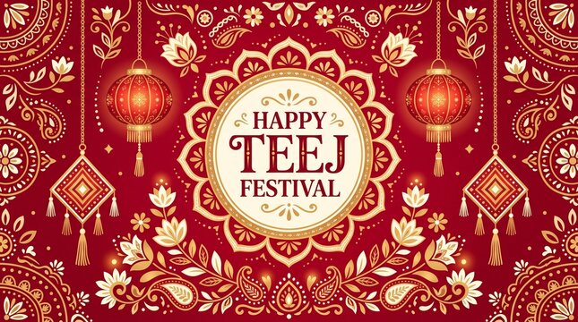 Happy Teej Festival Vector Background with Traditional Indian Mandala Floral Patterns and Hanging Lanterns