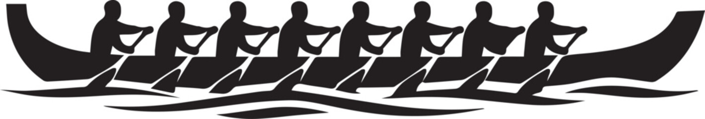 Black silhouette of a rowing team in a long boat Vector, illustration © Amir