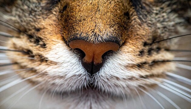 Close-up of a cats nose and whiskers, showcasing feline features.