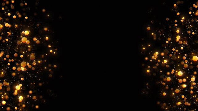 Golden bokeh border background glowing orbs, soft sparkle clusters, copy space or logos. festive intros, wedding titles, luxury promos, celebration graphics, holiday screens, premium motion overlays.