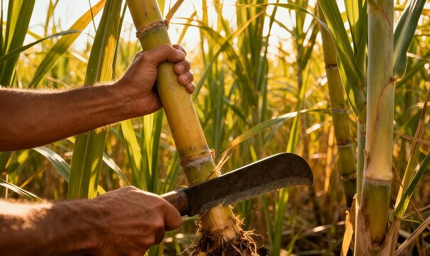 First-person view of hands cutting mature sugarcane in a tropical field under natural sunlight.