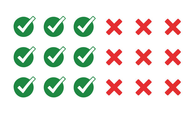 Green circle tick marks and red crosses icons for evaluation and validation results vector.