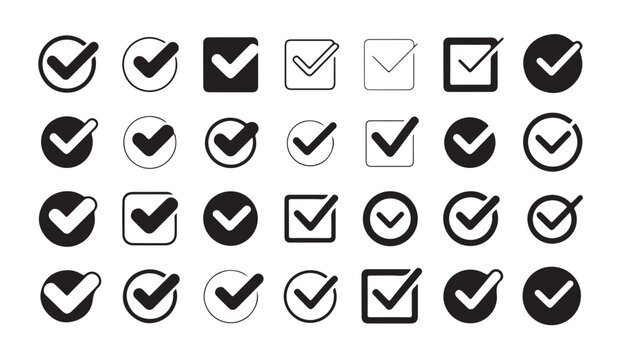 Set of black check mark and tick icons isolated on white background for user interfaces.