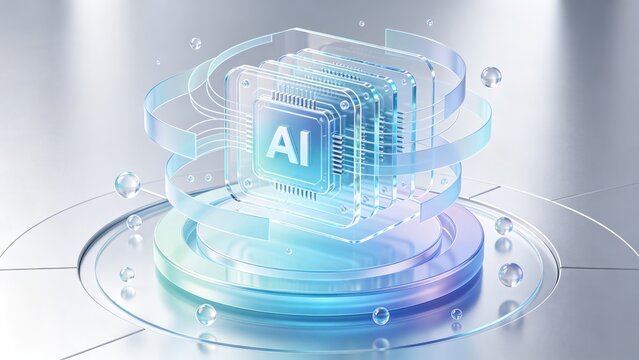 Transparent AI processor with futuristic glass GPU architecture and neural computing platform, idea for artificial intelligence technology