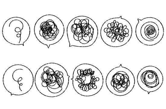 Handwritten speech bubbles, round and round emotions, thought circuits, troubles, hesitation, bewilderment, thoughts, confusion, round and round, complicated, etc.