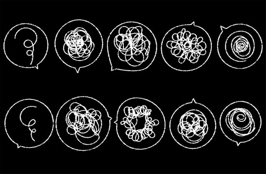 Handwritten speech bubbles round and round emotional thought circuit white line worries, hesitation, bewilderment, thoughts, confusion, round and round, complicated, etc.
