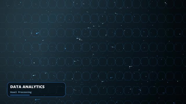Data analytics interface showing voxel processing technology with glowing particles on a futuristic hexagon grid pattern