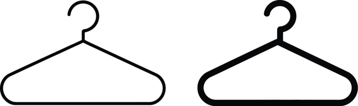 Clothes hanger icon vector with clean pictogram illustration isolated on white background for laundry, wardrobe, and retail designs.
