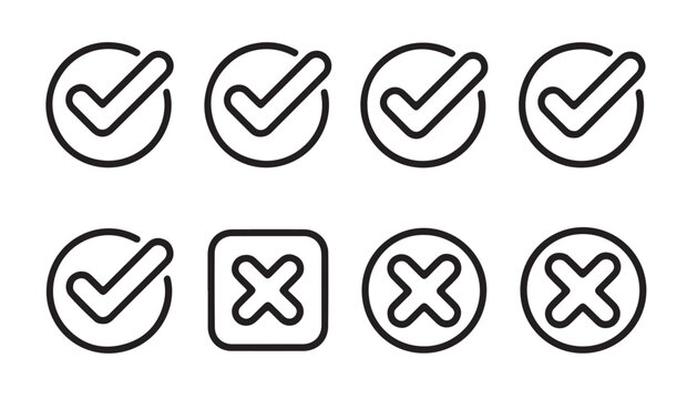 Outline tick and cross icons for verification process and user interaction design feedback.