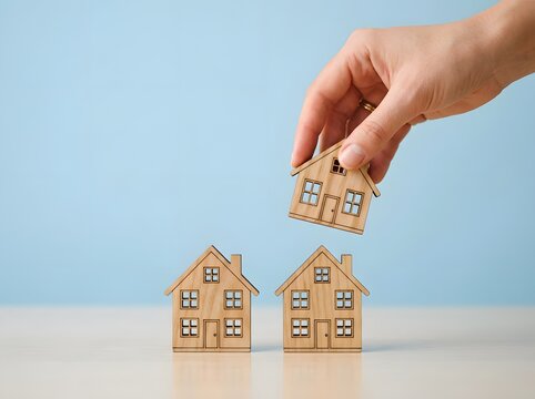 A person carefully places a wooden model house structure next to two identical options to represent the decision making process for potential buyers choosing their future family residence
