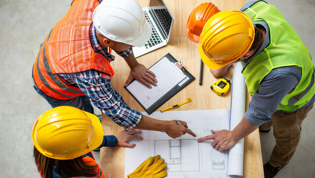 Professional architects and engineers reviewing building blueprints at construction site