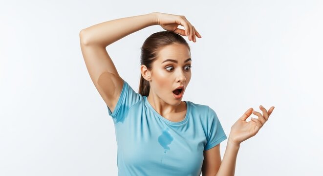 Young Woman Shocked by Large Sweat Stains on Blue T-shirt After Exercise or in Hot Weather