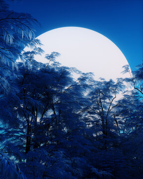 Giant full moon glowing behind deep blue forest canopy at night