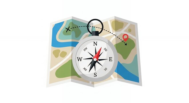 Adventure Navigation Map with Compass Red Location Pin and Route Path for Outdoor Journey Discovery