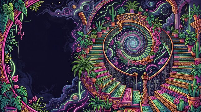 Ornate spiral staircase descending into cosmic vortex surrounded by potted plants in neon psychedelic poster style on dark violet night background.