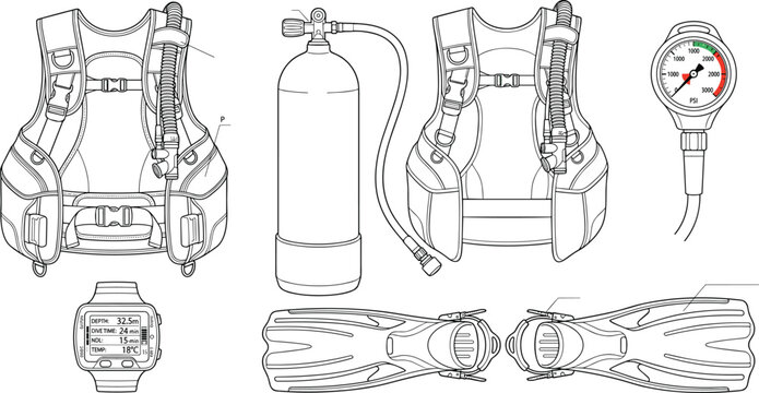 Professional Scuba Diving Equipment Set Featuring Buoyancy Control Device, Air Tank, Pressure Gauge, and Dive Computer