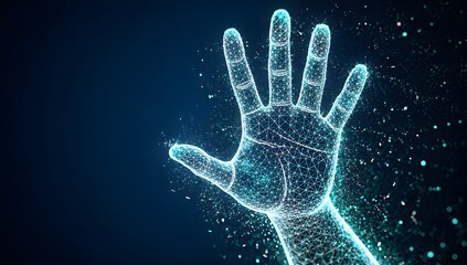 Naklejka premium Glowing Cyan Wireframe Digital Hand Palm Forward with Particles Dispersing on Dark Blue Background