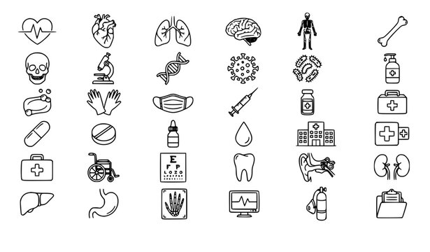 Medical Healthcare Doodle Line Icons Vector Set for Coloring Pages