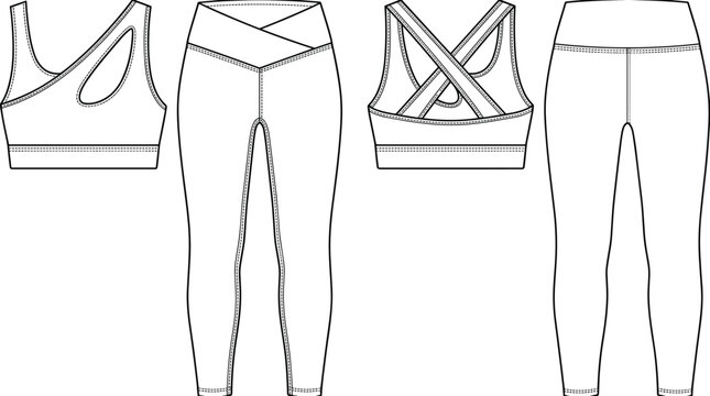Women sports bra and crossover leggings activewear set technical flat sketch vector illustration mockup front and back view