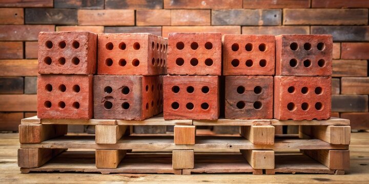 A stack of perforated clay bricks rests on a rustic wooden pallet against a backdrop of a weathered brick wall.