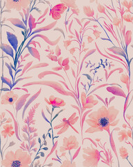 Watercolor flowers bloom softly in pink and violet hues