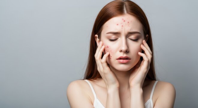 Young Woman with Red Hair Suffering from Acne and Skin Problems Touching Her Face with Sad Expression