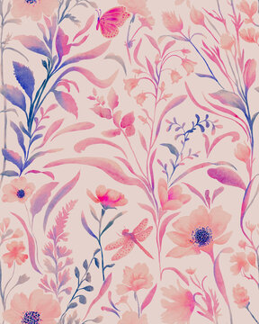 Watercolor flowers bloom softly in pink and violet hues