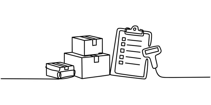 Retail Stock Count Continuous One Line Drawing with Product Boxes Clipboard and Barcode Scanner