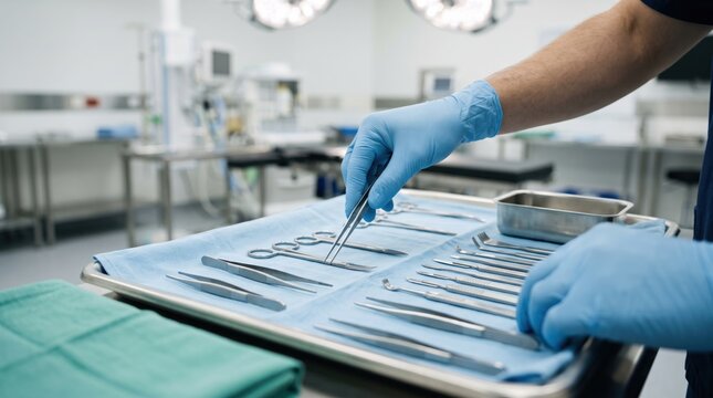 Surgeon taking surgical instrument from instrument tray in operating room. Plastic surgery medical procedure preparation. Professional healthcare clinic equipment for body correction.